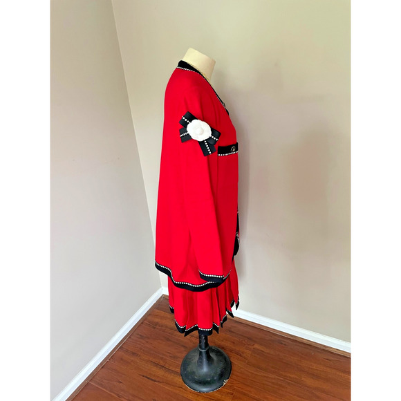 St John Marie Gray 2pc Blazer Skirt Set Womens Size 14 Red USA Buttons STUNNING - Picture 5 of 15